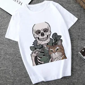 Women's white short sleeve t-shirt featuring a unique gothic skull and cat graphic print.
