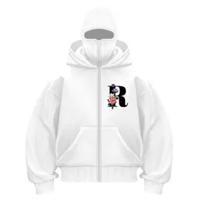 Y2K fleece full-zip hoodie with face mask, white streetwear sweatshirt with floral letter R.