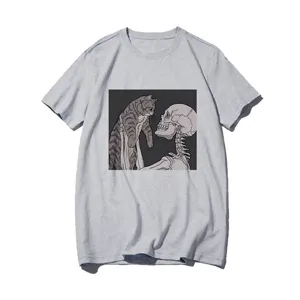 Grey short sleeve t-shirt featuring a unique artistic cat and skull graphic print on front.
