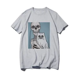 Casual grey short sleeve t-shirt featuring a creative vintage skull and cat graphic print.