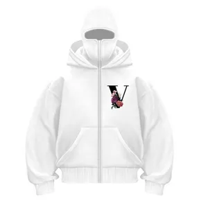 Detailed view of white thermal zip-up hoodie with unique mask hood and floral V graphic.