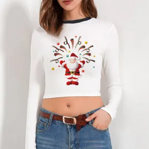 Γυναικείο Μακρυμάνικο Crop Top Χριστούγεννα Santa Claus Γραφικό T-Shirt Casual Slim Fit Λευκό