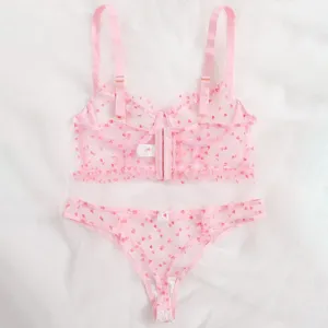 Rosa transparente Netz-Spitzen-Lingerie-Set mit süßen roten Herz-Prints, elegante Zweiteiler-Wäsche.
