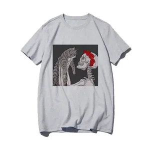 Grey short sleeve t-shirt featuring a unique gothic cat and skull rose graphic print design.