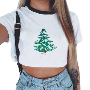 Dames korte mouw crop top met kerstboom print casual zomer wit t-shirt mode