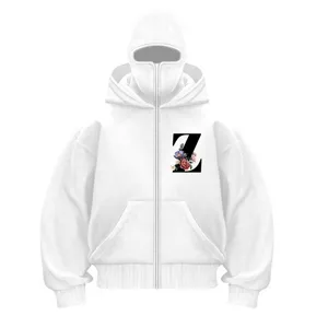 White full-zip hoodie with built-in mask hood Y2K streetwear casual fleece top for men and women