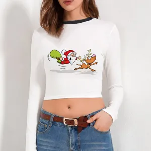 Γυναικείο λευκό crop top μακρυμάνικο μπλουζάκι με αστείο χριστουγεννιάτικο print