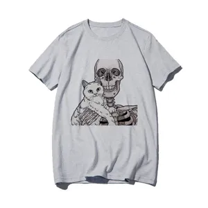Gray women's short sleeve T-shirt featuring a unique skeleton and cat graphic print design.