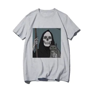 Casual grey short sleeve t-shirt featuring a unique grim reaper and cat graphic print.