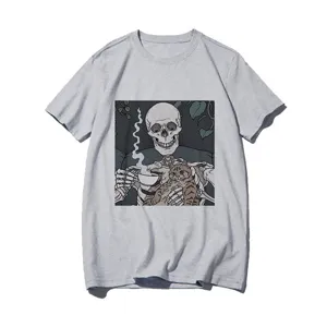 Casual gray short sleeve t-shirt featuring a stylish skeleton and cat graphic print.