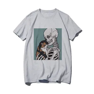 Close-up detail of the graphic print featuring a skeleton hugging a cat on the grey tee.