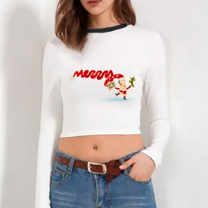 Γυναικείο λευκό crop top μακρυμάνικο με χαριτωμένο χριστουγεννιάτικο print, στενό casual t-shirt.