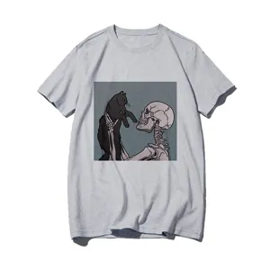 Grey short-sleeve women t-shirt featuring skeleton and black cat graphic print for casual wear.