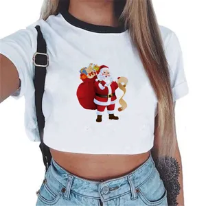 Vrouwen Kerst Kerstman print korte mouw crop t-shirt wit detail weergave overzicht