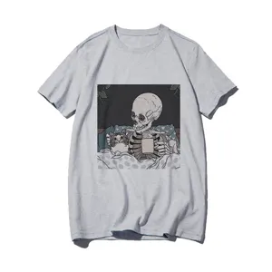 Grey short-sleeve women's t-shirt featuring a unique skeleton and cat graphic print detail.