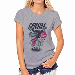 Camiseta gris de manga corta para mujer con estampado grafico de monstruo top