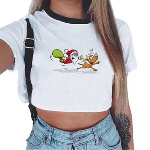 Dames Kerstmis Kerstman Print Korte Mouw Ronde Hals Slim Fit Witte Crop Top T-Shirt