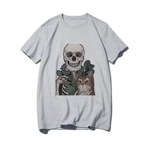 Casual grey short sleeve t-shirt featuring a unique gothic skull and cat graphic print.
