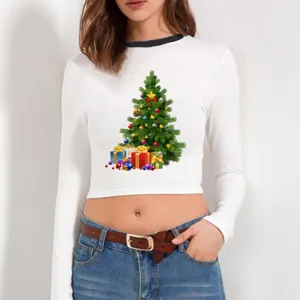 Γυναικείο λευκό crop top μακρυμάνικο με χριστουγεννιάτικο δέντρο και κουτί δώρου.