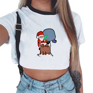 Dames mode korte mouw crop top met schattige Kerstman print ronde hals zomer t-shirt