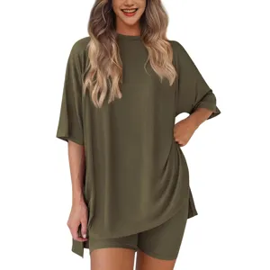 Detail view of the casual solid color short sleeve top and shorts two piece set, soft fabric.