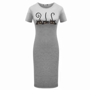 Womens Casual Cotton Blend Dress Short Sleeve Crew Neck Slim Fit Midi Dress Cute Cartoon Cat Print Summer Casual Dress
