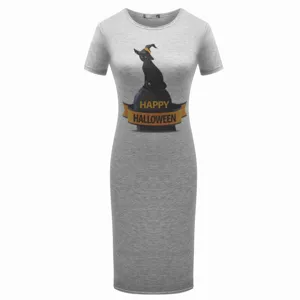 Grey short sleeve Halloween midi dress featuring a cute witch black cat graphic print.
