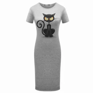 Women casual grey short sleeve midi dress with cute black cat graphic print summer wear
