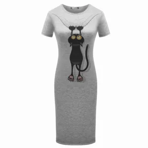 Grey short sleeve midi dress with funny black cat print casual summer wear for women