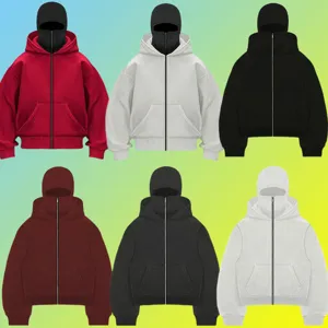 Men's Fashion Balaclava Hooded Zip Up Sweatshirt Casual Long Sleeve Oversized Solid Color Y2K Streetwear Hoodie Jacket