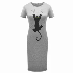 Women summer short sleeve grey midi dress cute black cat print casual streetwear style