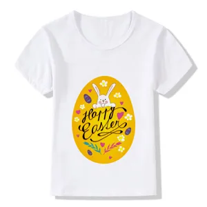 Kids Easter bunny print short sleeve white t-shirt, cute holiday graphic top for children.