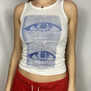 Women's Casual Slim Fit Short Sleeveless Crop Top Summer Basic Round Neck Abstract Eye Print Polyester T-Shirt