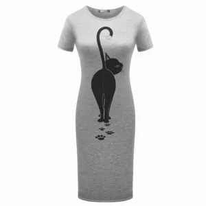 Grey short sleeve midi dress featuring cute black cat graphic print and slim fit style.