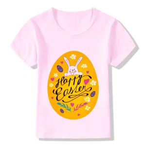Kids pink short sleeve t-shirt with cute Easter bunny and egg graphic print detail.