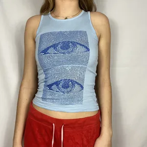 Blue tank top with artistic eye print detail worn by model, casual y2k style apparel.