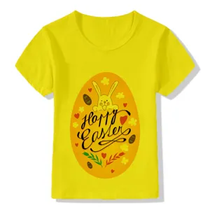Children yellow short sleeve t-shirt detail featuring cute Easter bunny and egg print design.