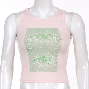 Pink crop top with green abstract eye graphic, sleeveless slim fit casual streetwear style.