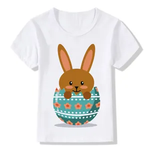 Children white short sleeve t-shirt featuring cute Easter bunny and colorful egg graphic print.