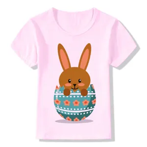 Cute Easter bunny print short sleeve pink t-shirt for kids, comfortable summer casual top.