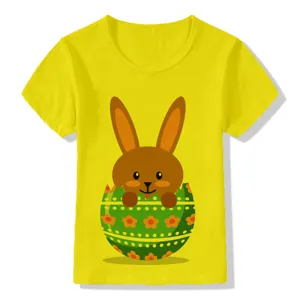 Kids yellow short sleeve t-shirt Easter bunny egg graphic cute summer children clothing top