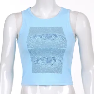 Light blue sleeveless crop top featuring an abstract eye graphic design, perfect detail view.