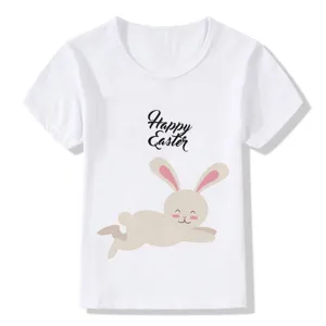 Kids white short sleeve t-shirt featuring cute Easter bunny graphic and festive text design.