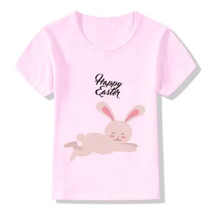 Pink kids short sleeve t shirt featuring cute easter bunny graphic detail close up view