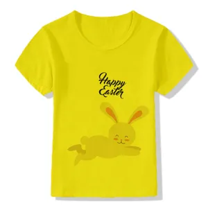 Kids yellow short sleeve t-shirt with cute Easter bunny print casual summer wear top for boys girls