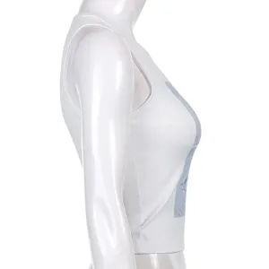White sleeveless crop top for women with chic blue graphic print, slim fit casual summer tee.