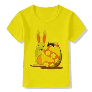 Kids yellow short sleeve t-shirt with cute Easter bunny and floral egg graphic print detail.