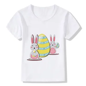 Easter bunny print kids white short sleeve t-shirt front detail view cotton fabric apparel.