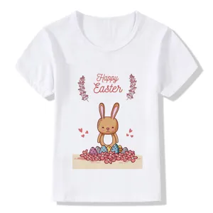 Kids white short sleeve t-shirt with cute easter bunny graphic design for summer casual wear