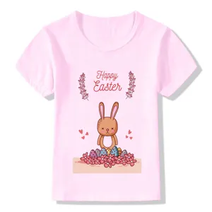 Cute Easter bunny graphic print detail on a soft pink short sleeve children t-shirt top.
